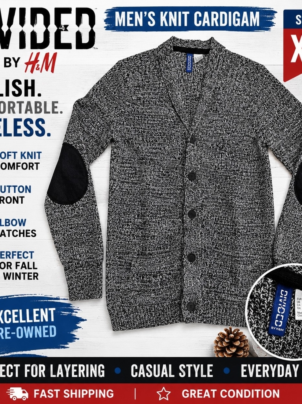 Divided by H&M Mens XS Gray Black Marled Knit Cardigan Button Front Elbow Patch